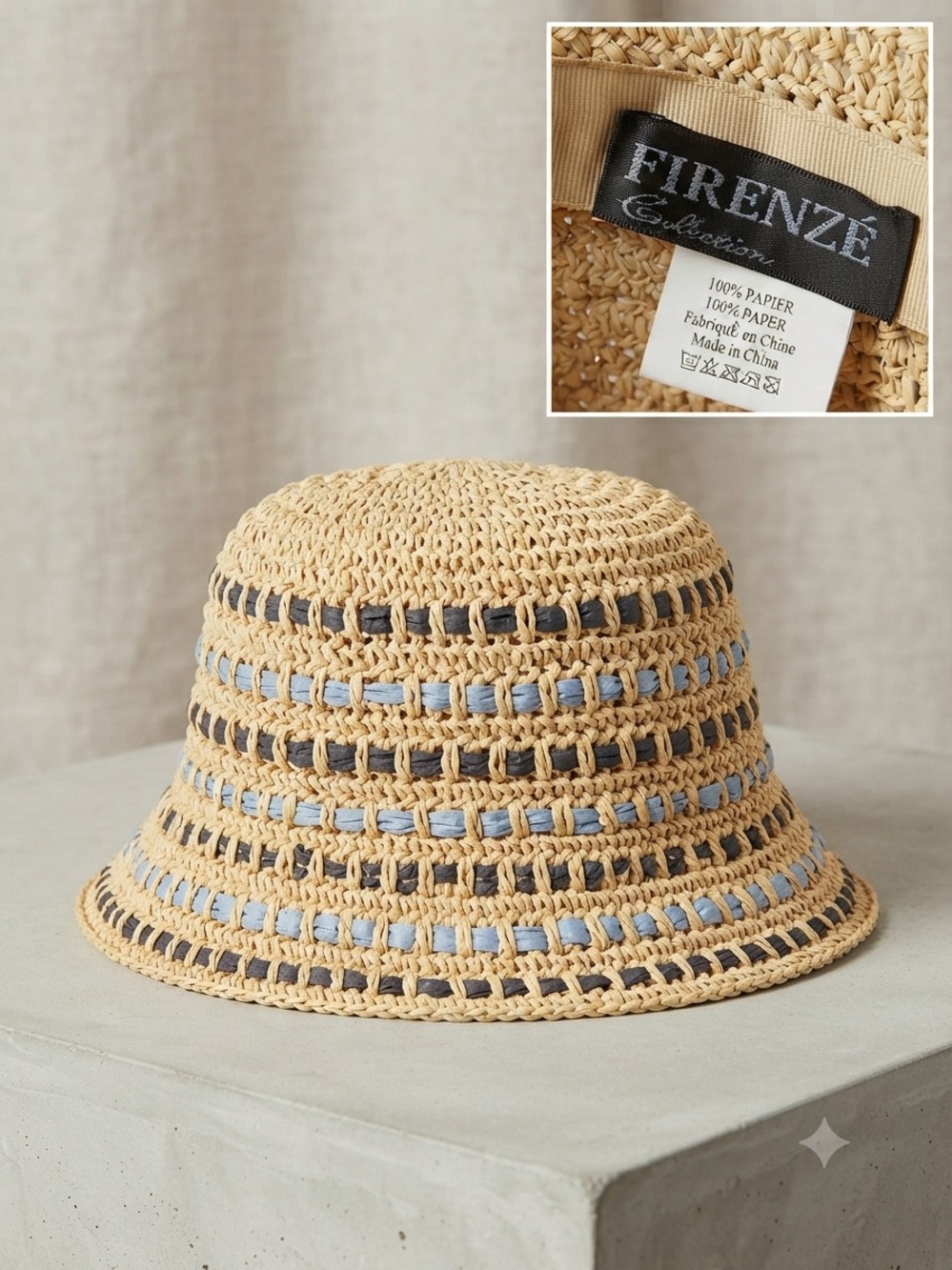 Firenze Straw Bucket Hat with Blue & dark blue Accents